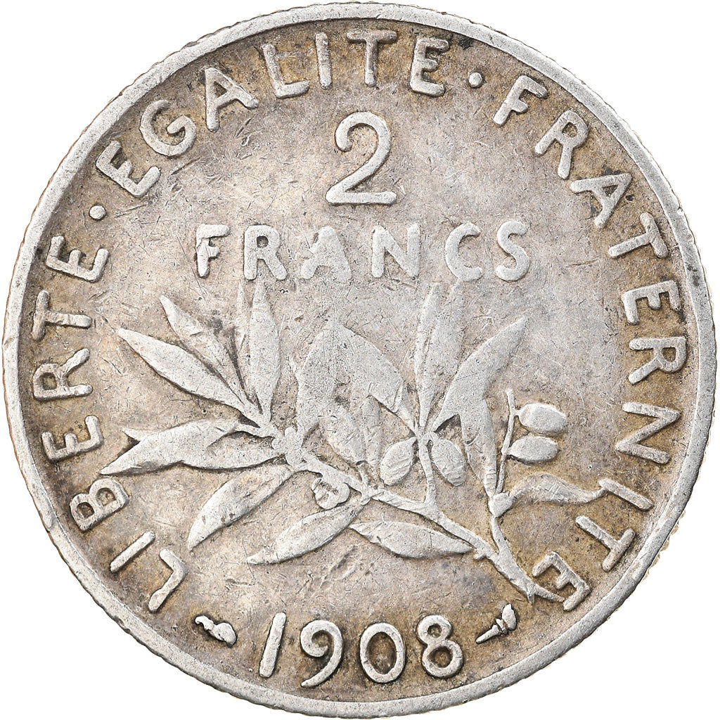 Coin, France, Semeuse, 2 Francs, 1908, Paris, VF(30-35), Silver, KM:845.1
