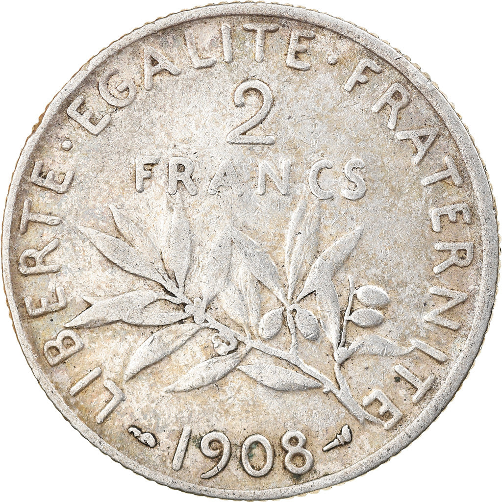 Coin, France, Semeuse, 2 Francs, 1908, Paris, EF(40-45), Silver, KM:845.1
