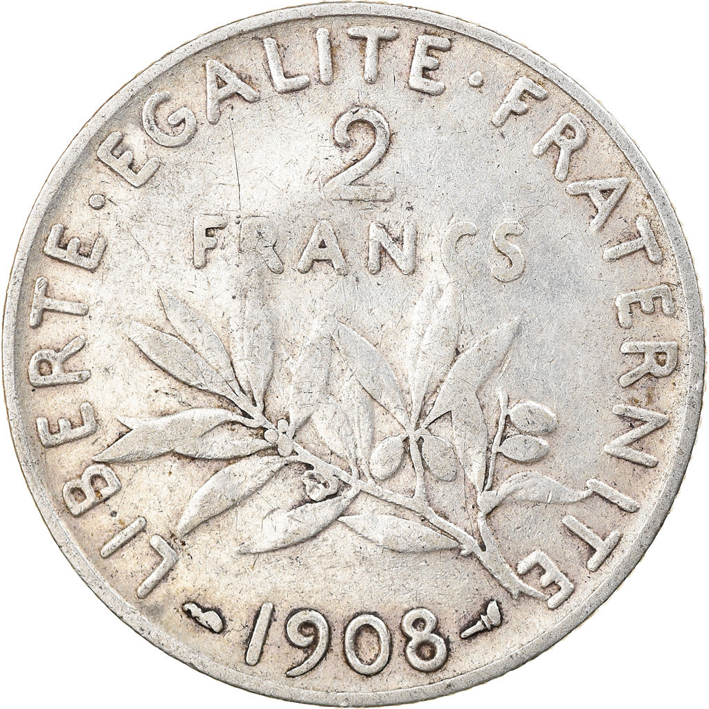 Coin, France, Semeuse, 2 Francs, 1908, Paris, EF(40-45), Silver, KM:845.1