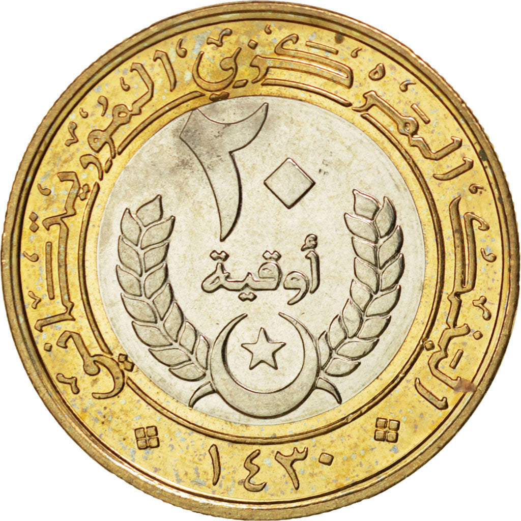 MAURITANIA, 20 Ouguiya, 2009, KM #8, MS(63), Bi-Metallic, 6.89