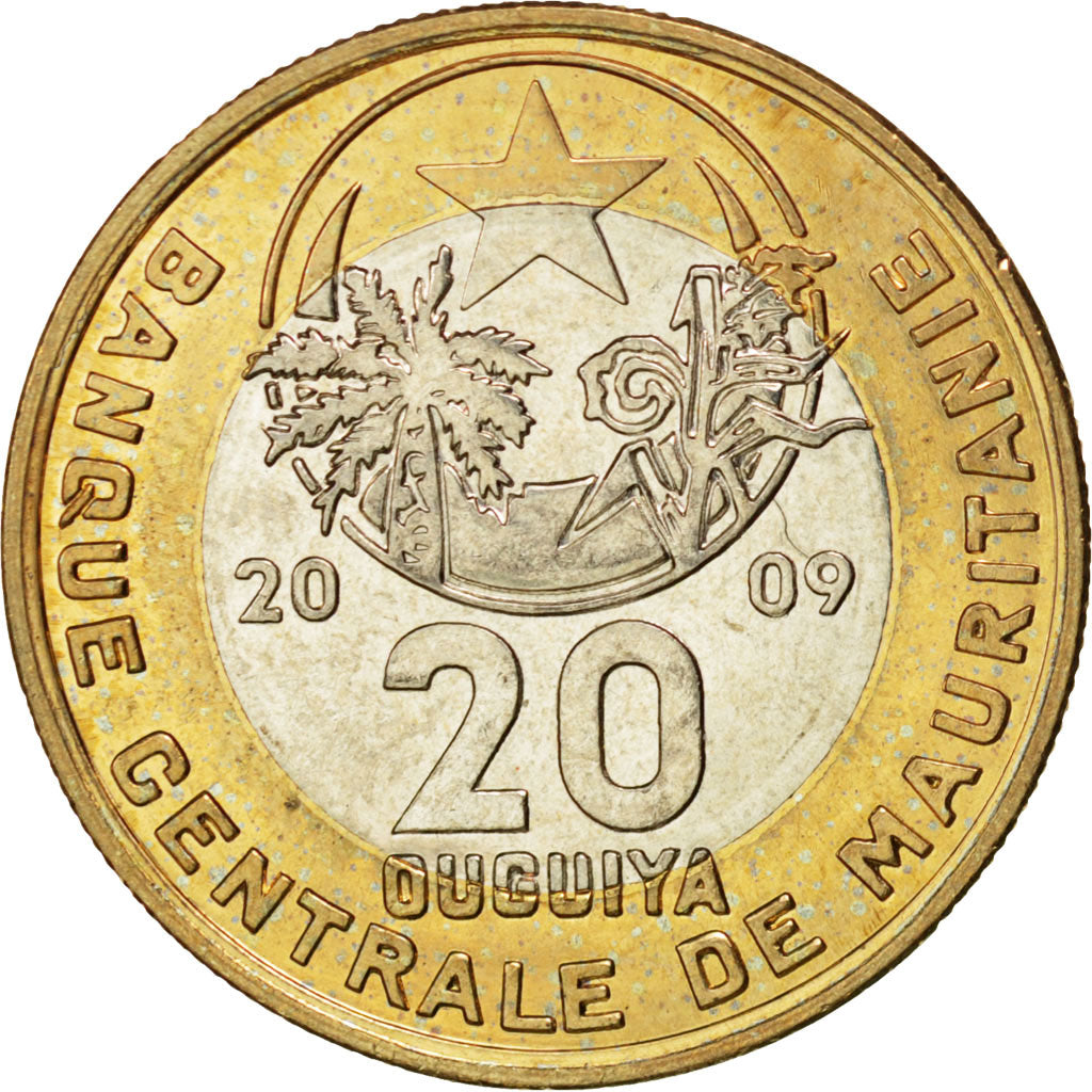 MAURITANIA, 20 Ouguiya, 2009, KM #8, MS(63), Bi-Metallic, 6.89