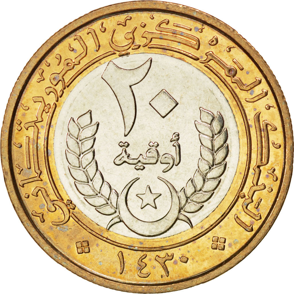 MAURITANIA, 20 Ouguiya, 2009, KM #8, MS(63), Bi-Metallic, 6.91