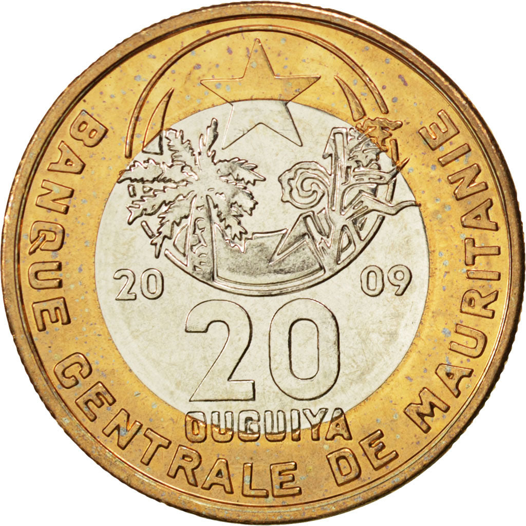 MAURITANIA, 20 Ouguiya, 2009, KM #8, MS(63), Bi-Metallic, 6.91