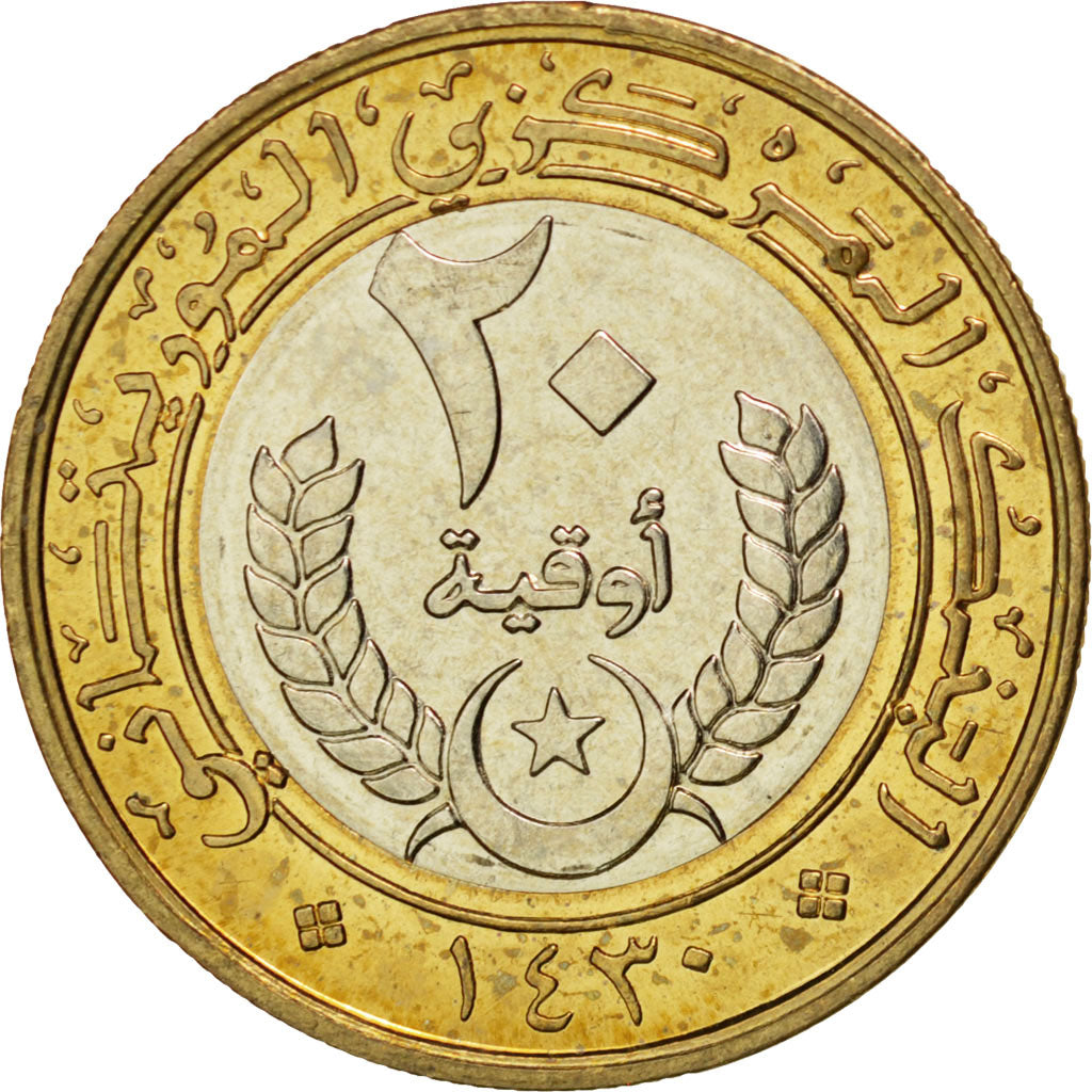MAURITANIA, 20 Ouguiya, 2009, KM #8, MS(63), Bi-Metallic, 6.92