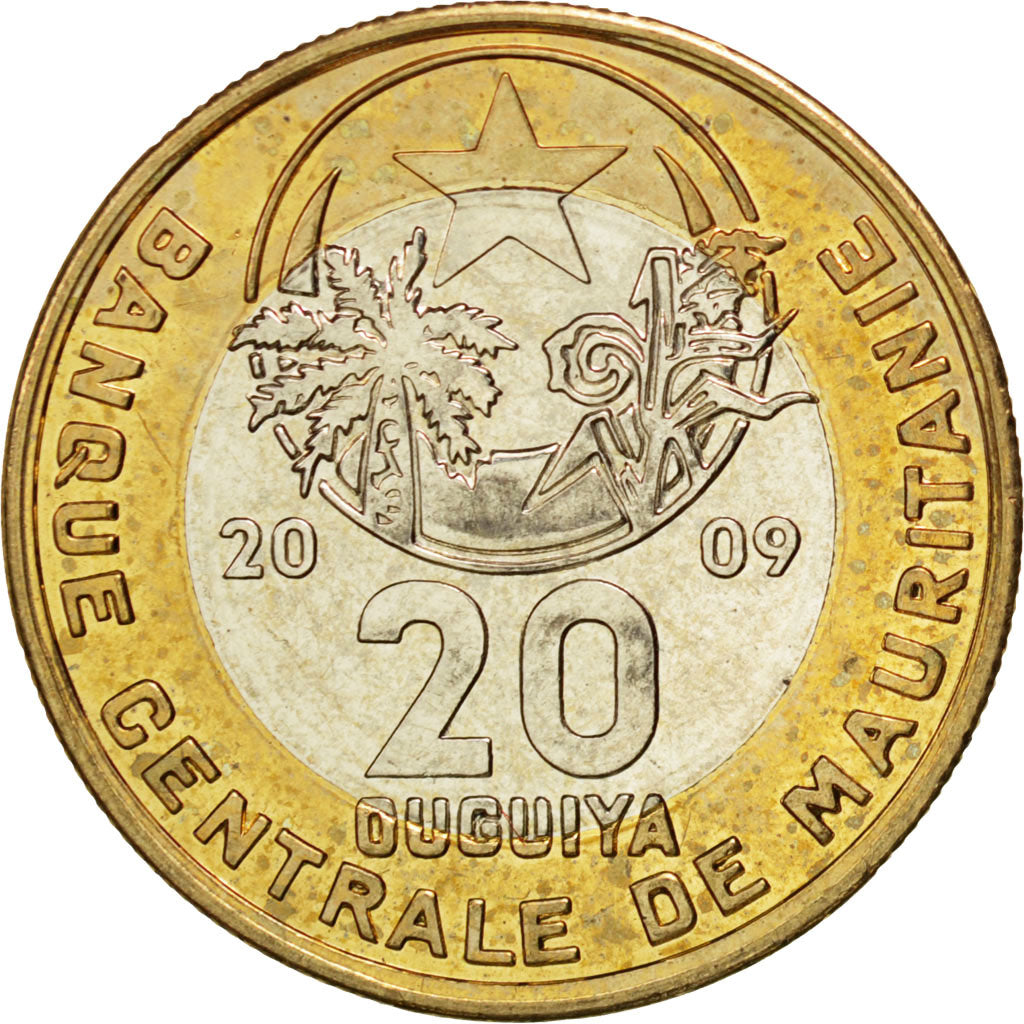 MAURITANIA, 20 Ouguiya, 2009, KM #8, MS(63), Bi-Metallic, 6.92
