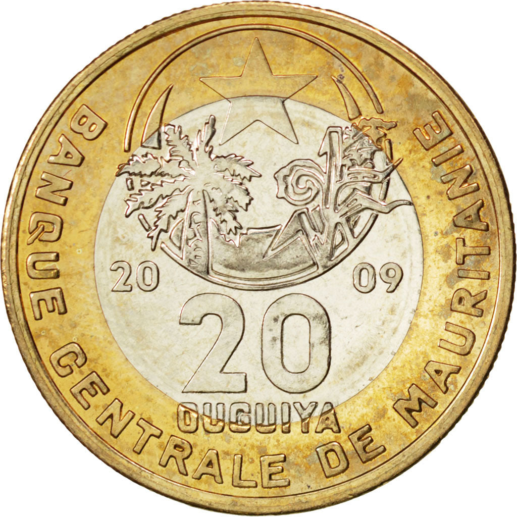 MAURITANIA, 20 Ouguiya, 2009, KM #8, MS(63), Bi-Metallic, 6.97