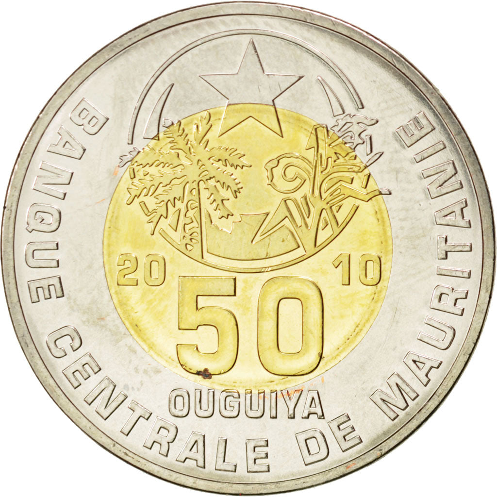 MAURITANIA, 50 Ouguiya, 2010, KM #9, MS(63), Bi-Metallic, 8.29