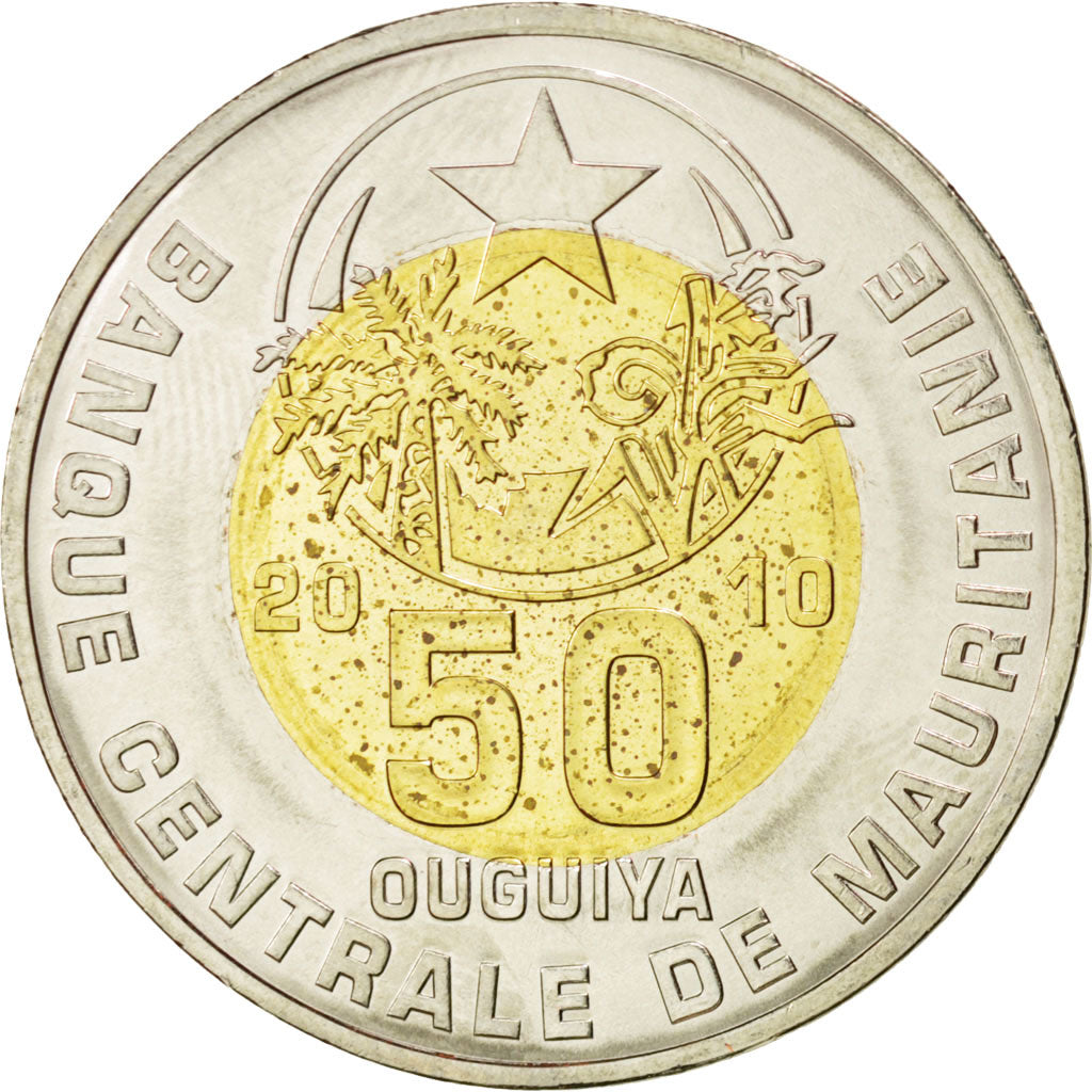 MAURITANIA, 50 Ouguiya, 2010, KM #9, MS(63), Bi-Metallic, 8.27