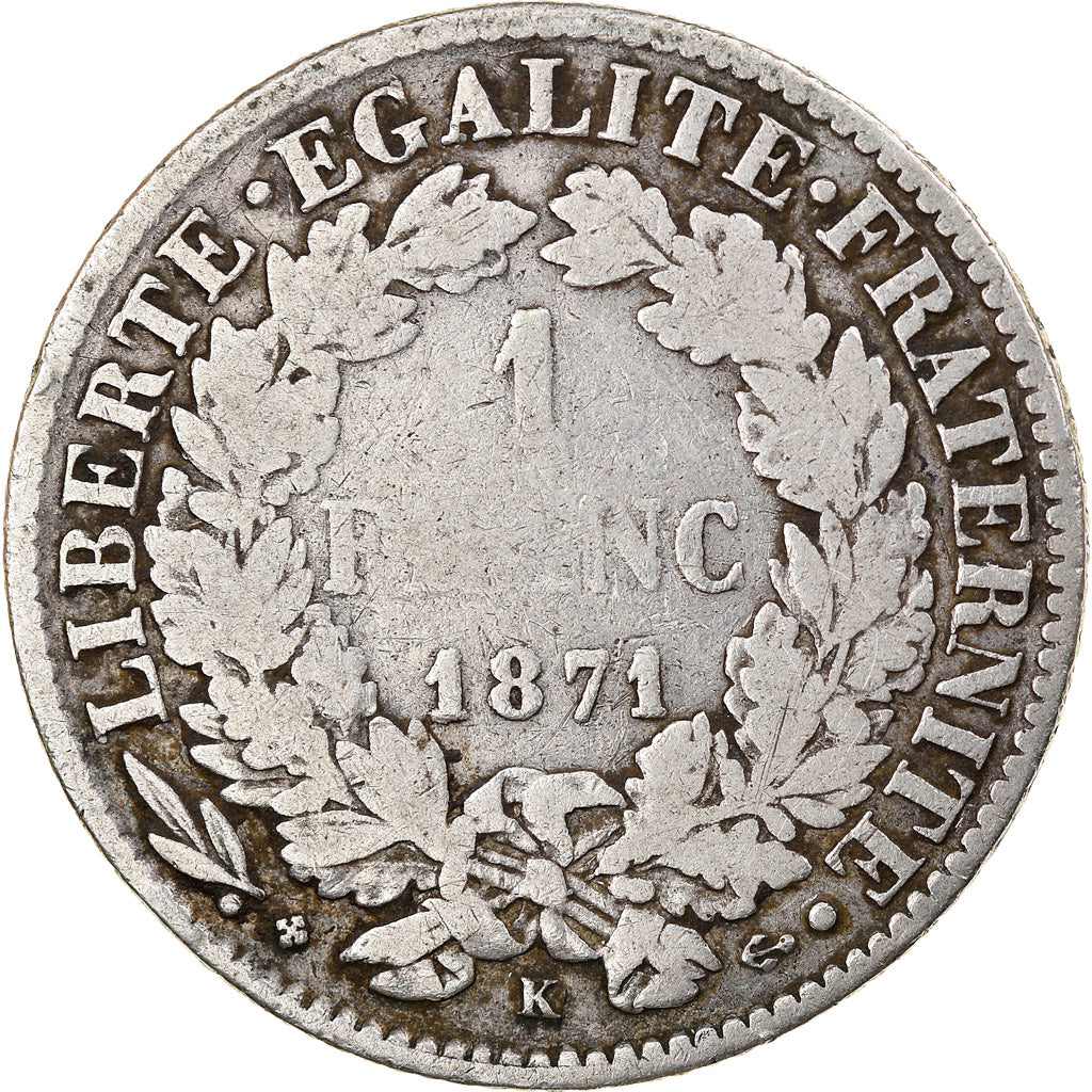 Monnaie, France, Cérès, Franc, 1871, Bordeaux, TB, Argent, Gadoury:465