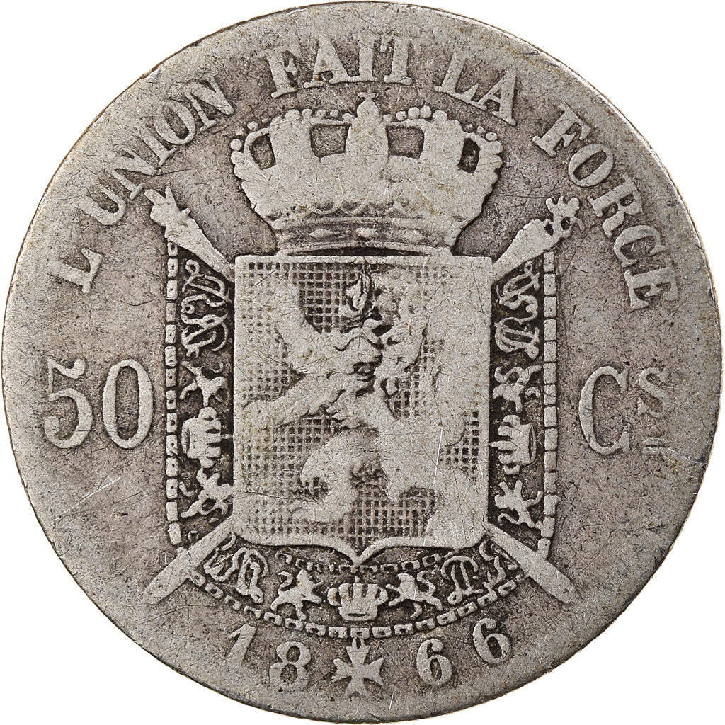 Moneta, Belgio, Leopold II, 50 Centimes, 1866, MB, Argento, KM:26