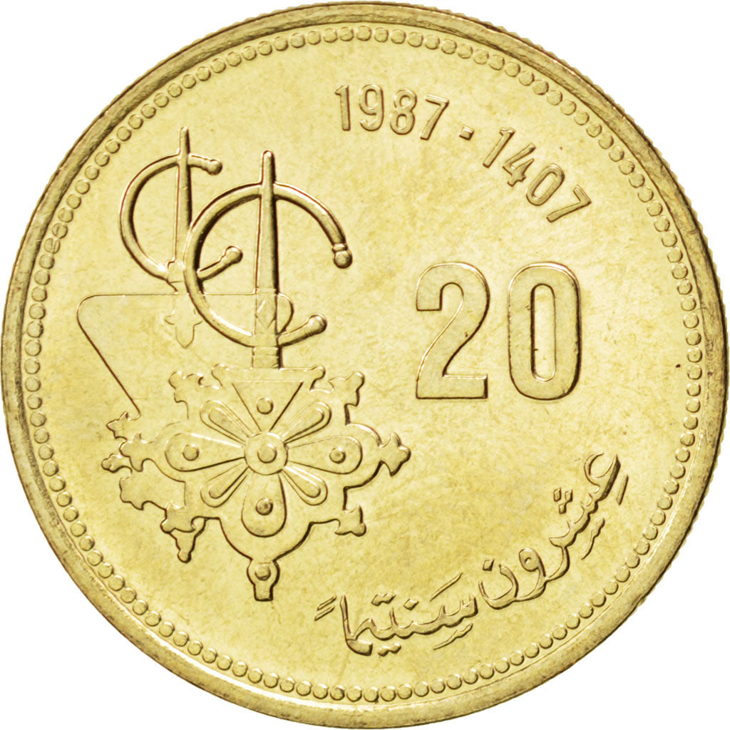 MOROCCO, 20 Santimat, 1987, KM #85, MS(63), Aluminum-Bronze, 23, 3.98