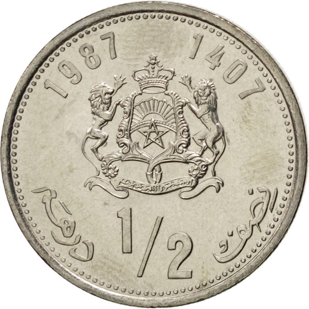 MOROCCO, 1/2 Dirham, 1987, KM #87, MS(63), Copper-Nickel, 21, 4.02