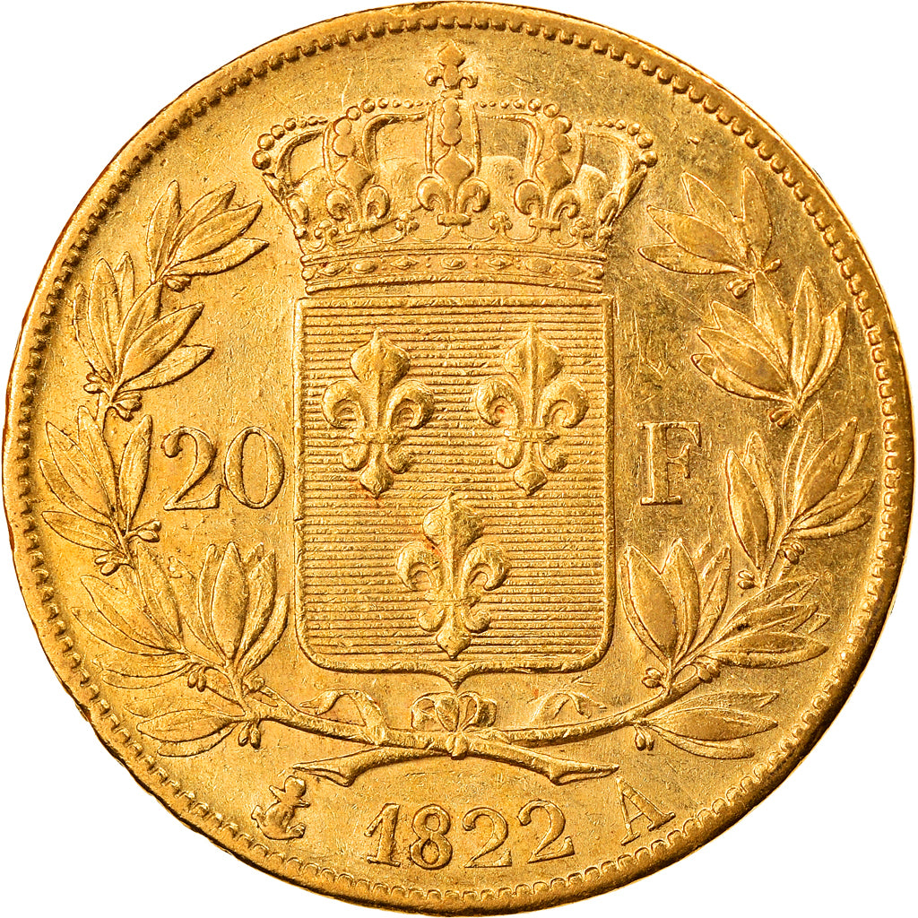 Moneta, Francia, Louis XVIII, 20 Francs, 1822, Paris, BB+, Oro, KM:712.1