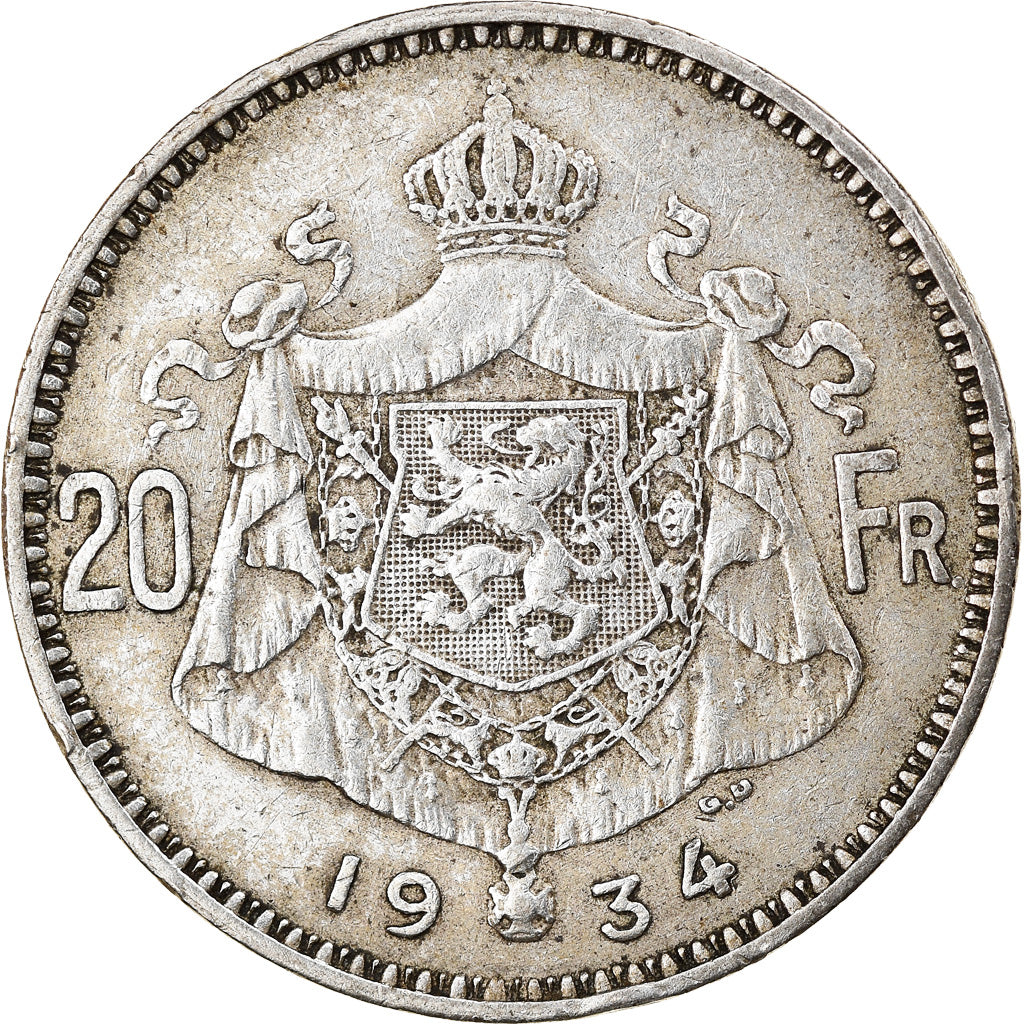 Coin, Belgium, Albert I, 20 Francs, 20 Frank, 1934, EF(40-45), Silver, KM:103.1
