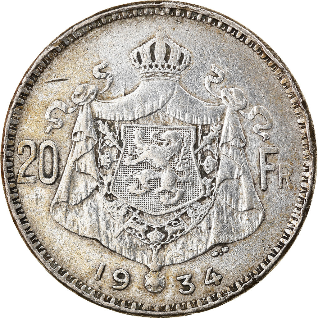 Coin, Belgium, Albert I, 20 Francs, 20 Frank, 1934, EF(40-45), Silver, KM:104.1