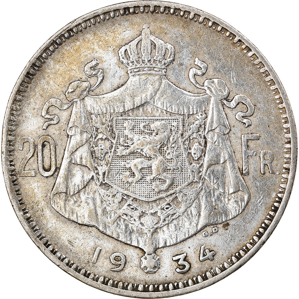 Coin, Belgium, Albert I, 20 Francs, 20 Frank, 1934, EF(40-45), Silver, KM:104.1