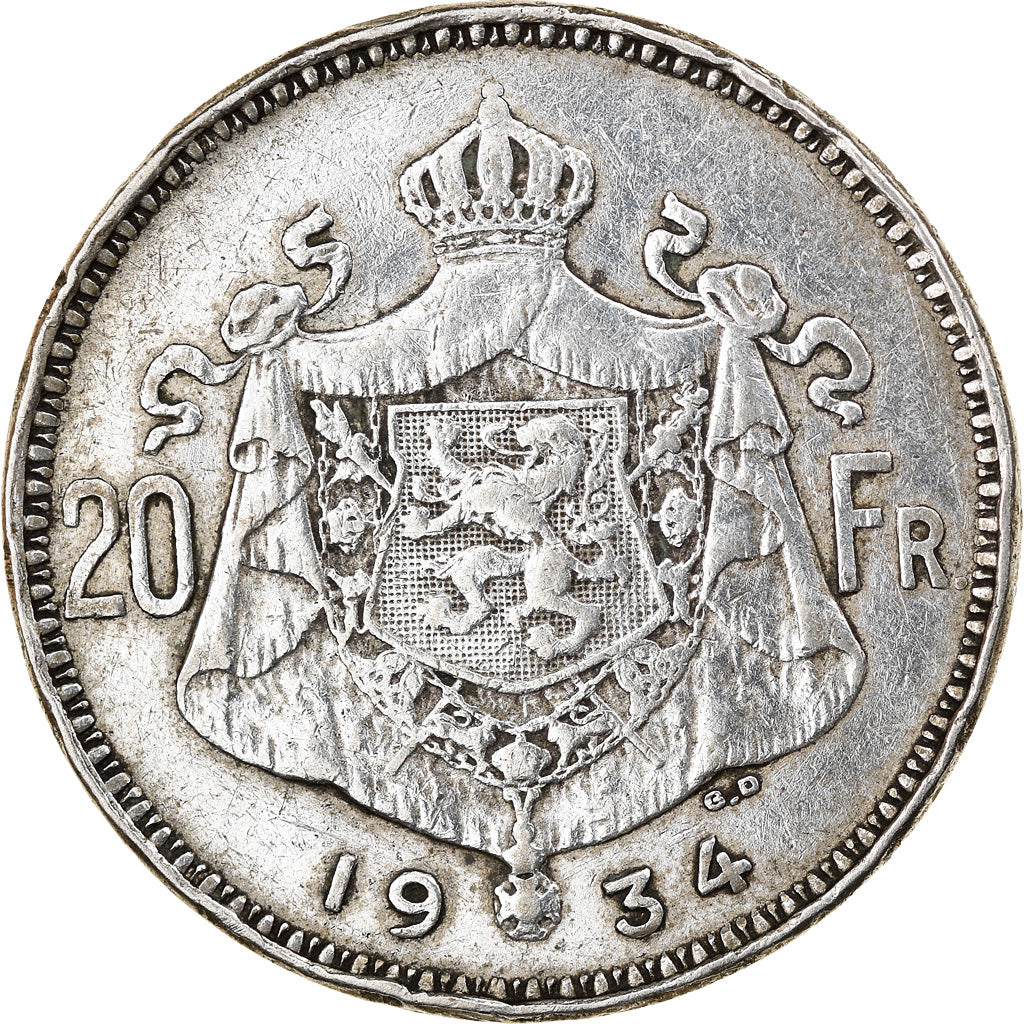 Münze, Belgien, Albert I, 20 Francs, 20 Frank, 1934, S+, Silber, KM:104.1