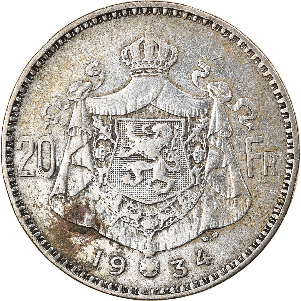 Coin, Belgium, Albert I, 20 Francs, 20 Frank, 1934, EF(40-45), Silver, KM:104.1