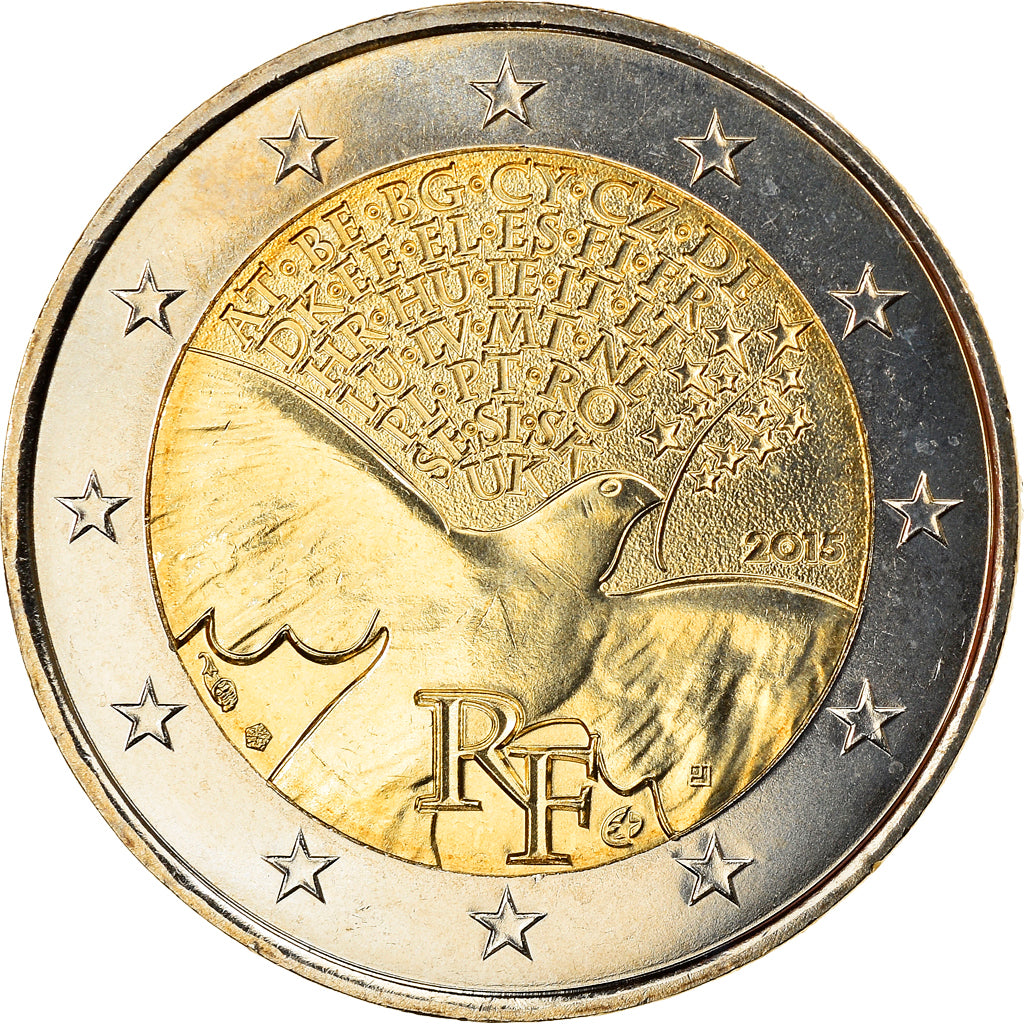 France, 2 Euro, 70 ans de Paix en Europe, 2015, BU, MS(60-62), Bi-Metallic