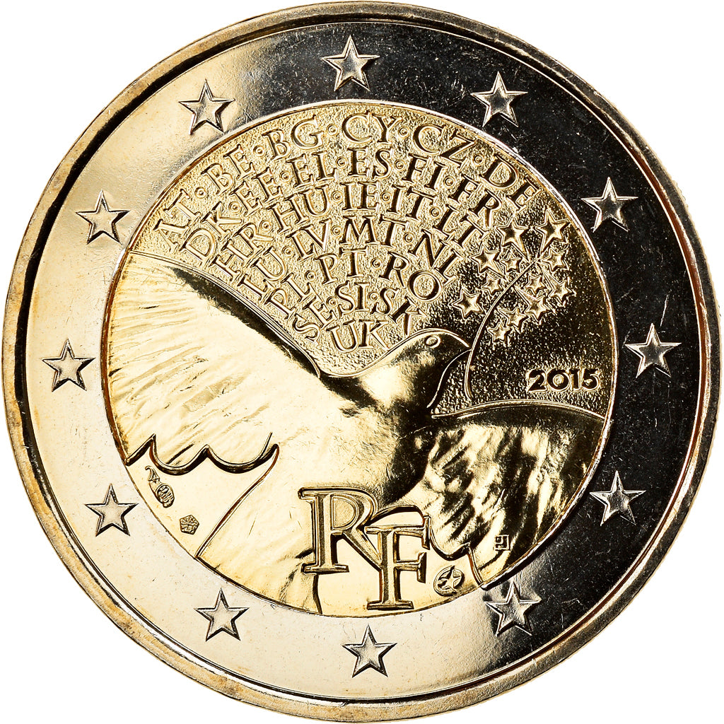 France, 2 Euro, 70 ans de Paix en Europe, 2015, MS(60-62), Bi-Metallic