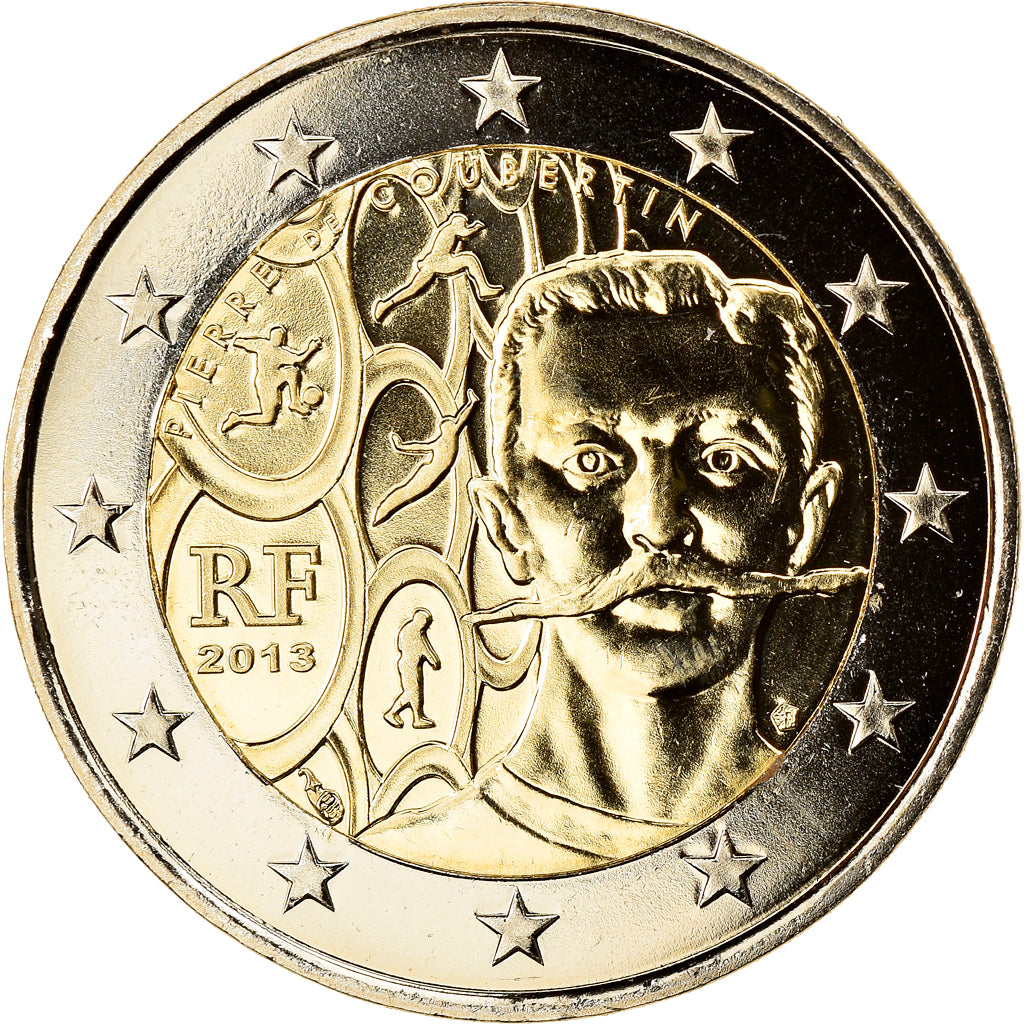 France, 2 Euro, Baron Pierre Coubertin, 2013, BU, MS(60-62), Bi-Metallic