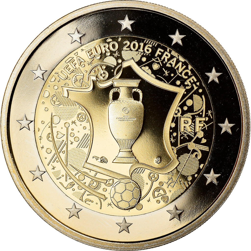 France, 2 Euro, UEFA Euro 2016, 2016, Proof, FDC, Bi-Metallic, Gadoury:23