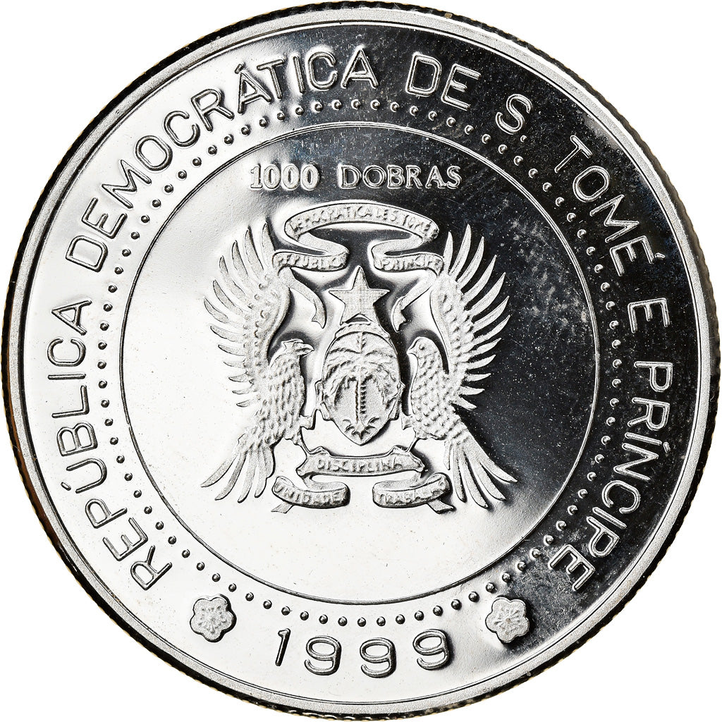 Coin, SAINT THOMAS & PRINCE ISLAND, 1000 Dobras, 1999, Proof, MS(65-70), Silver