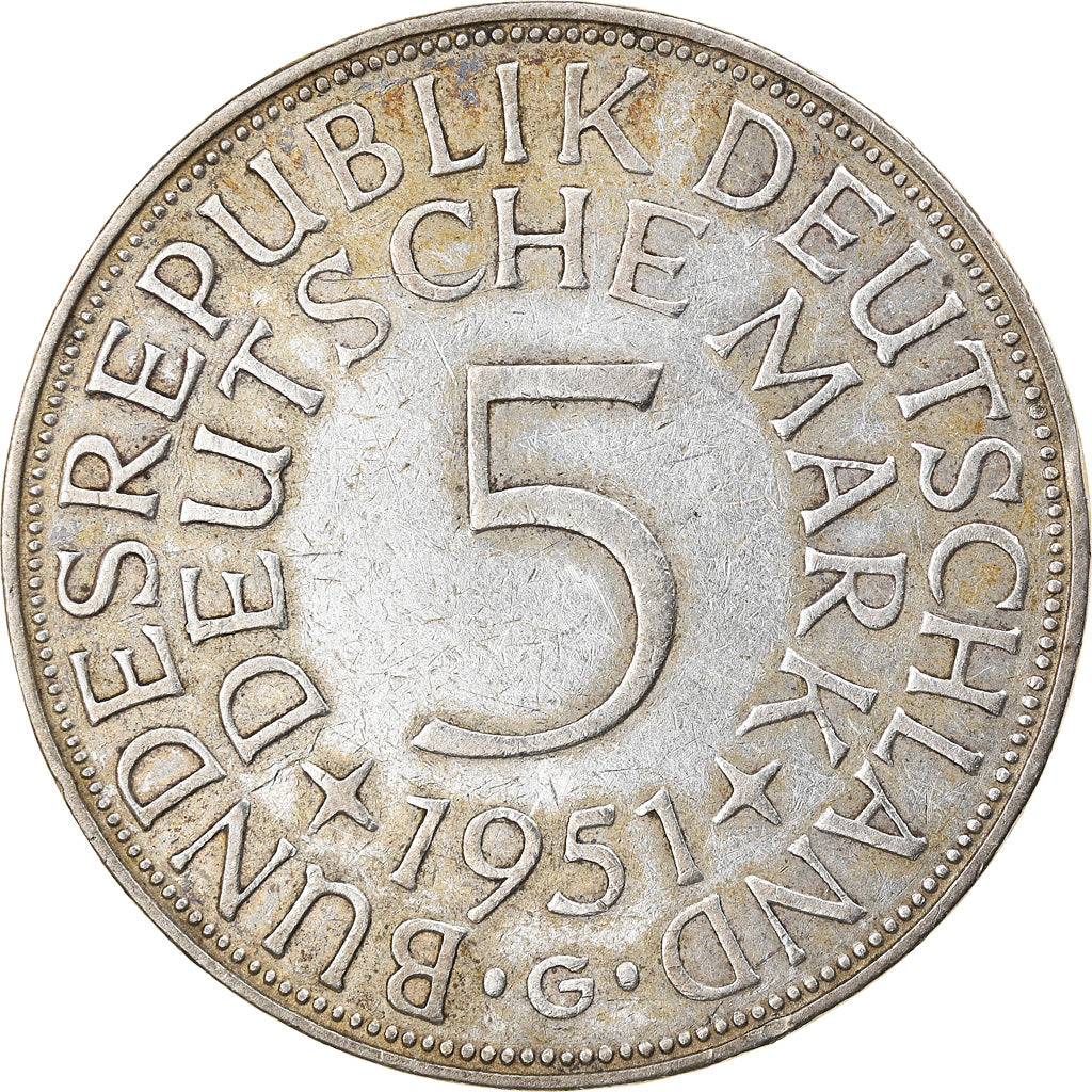 Coin, GERMANY - FEDERAL REPUBLIC, 5 Mark, 1951, Karlsruhe, EF(40-45), Silver