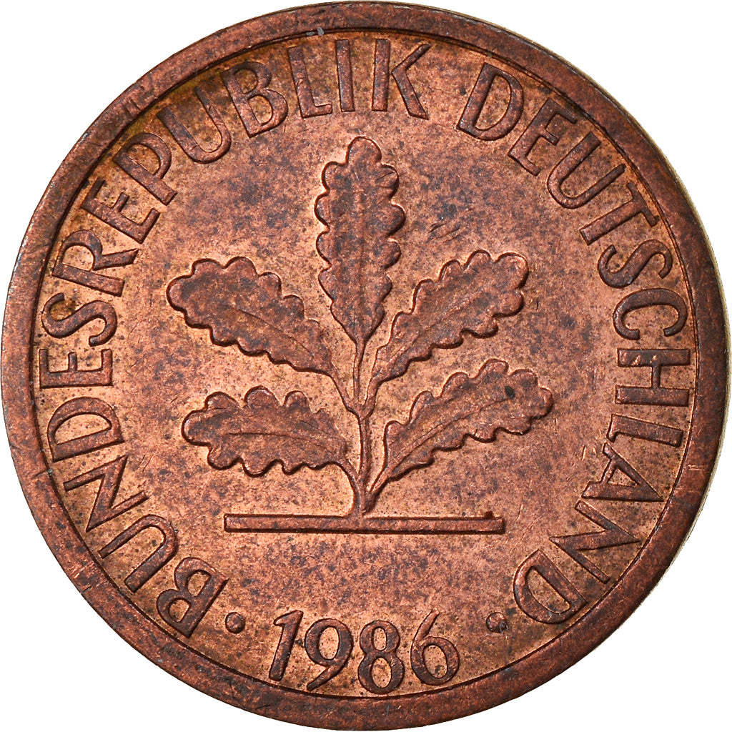Coin, GERMANY - FEDERAL REPUBLIC, Pfennig, 1986, Karlsruhe, EF(40-45), Copper