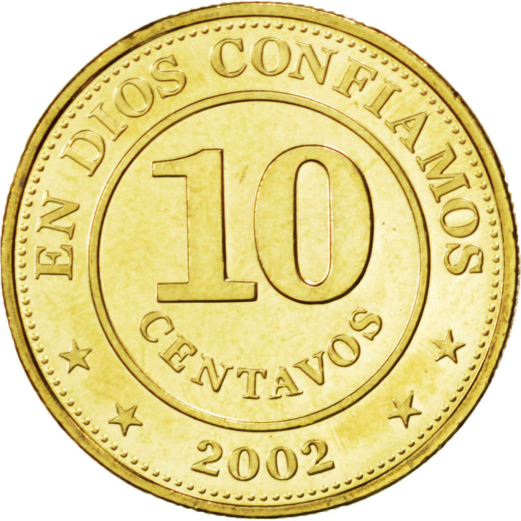 NICARAGUA, 10 Centavos, 2002, British Royal Mint, KM #98, MS(63), Brass Plated..