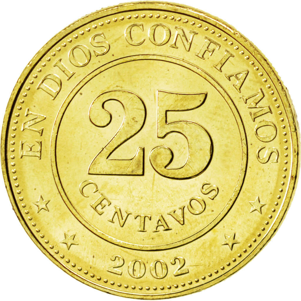 NICARAGUA, 25 Centavos, 2002, British Royal Mint, KM #99, MS(63), Brass Plated..
