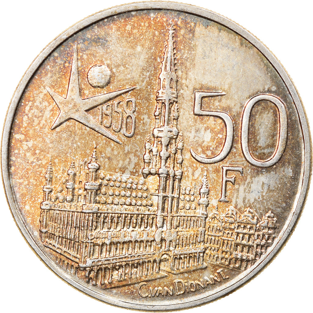 Moeda, Bélgica, Baudouin I, 50 Francs, 50 Frank, 1958, AU(50-53), Prata