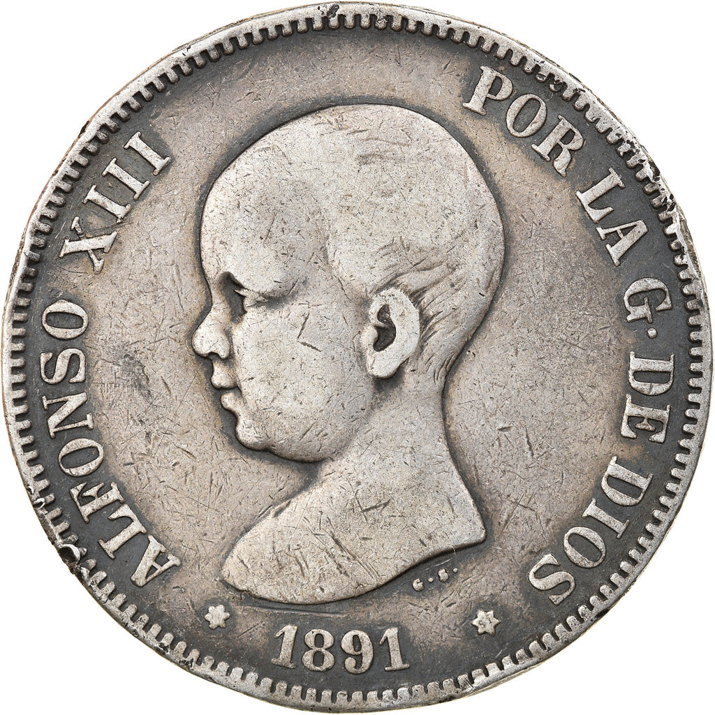 Monnaie, Espagne, Alfonso XIII, 5 Pesetas, 1891, Madrid, TB+, Argent, KM:689