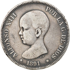 Monnaie, Espagne, Alfonso XIII, 5 Pesetas, 1891, Madrid, TB+, Argent, KM:689