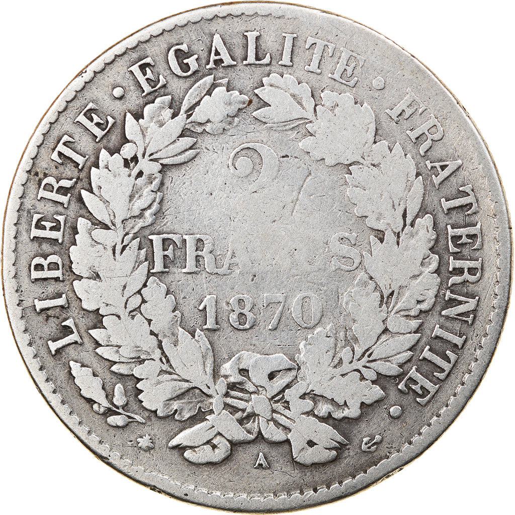 Münze, Frankreich, Cérès, 2 Francs, 1870, Paris, S+, Silber, KM:817.1