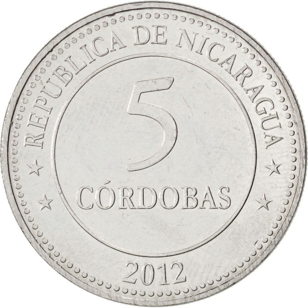 NICARAGUA, 5 Cordobas, 2012, KM #111, MS(63), Nickel Plated Iron, 28, 7.70
