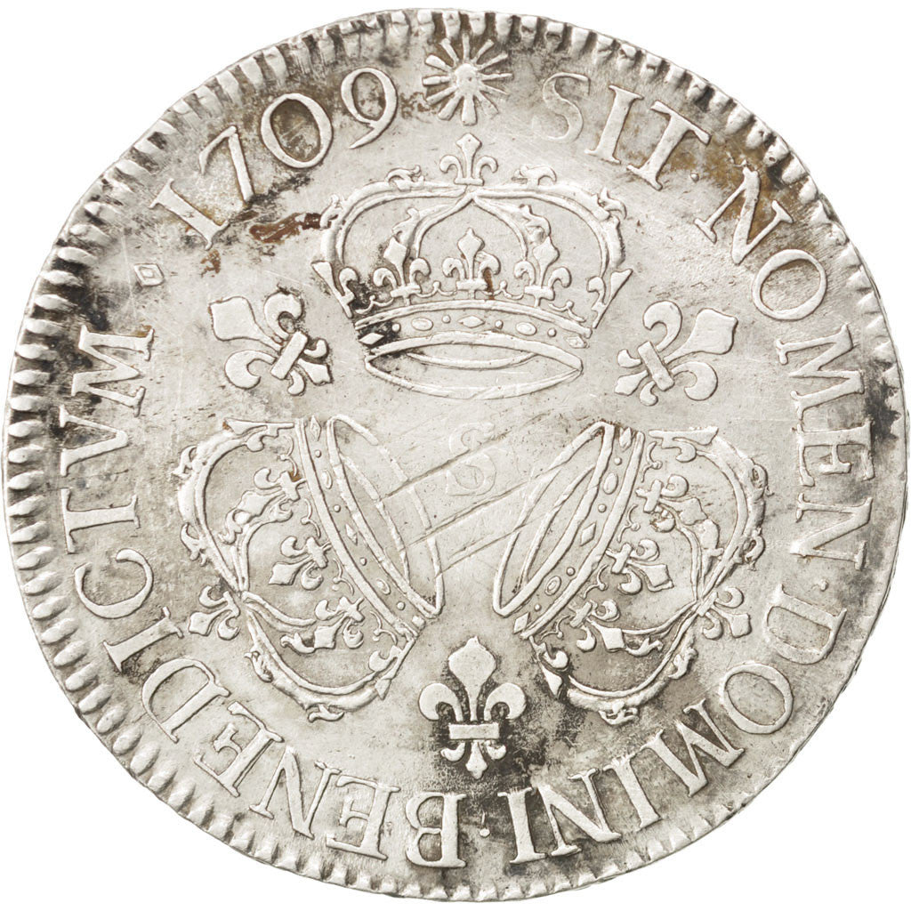 FRANCE, Écu aux 3 couronnes, ECU, 1709, Reims, KM #386.16, EF(40-45), Silver, ..