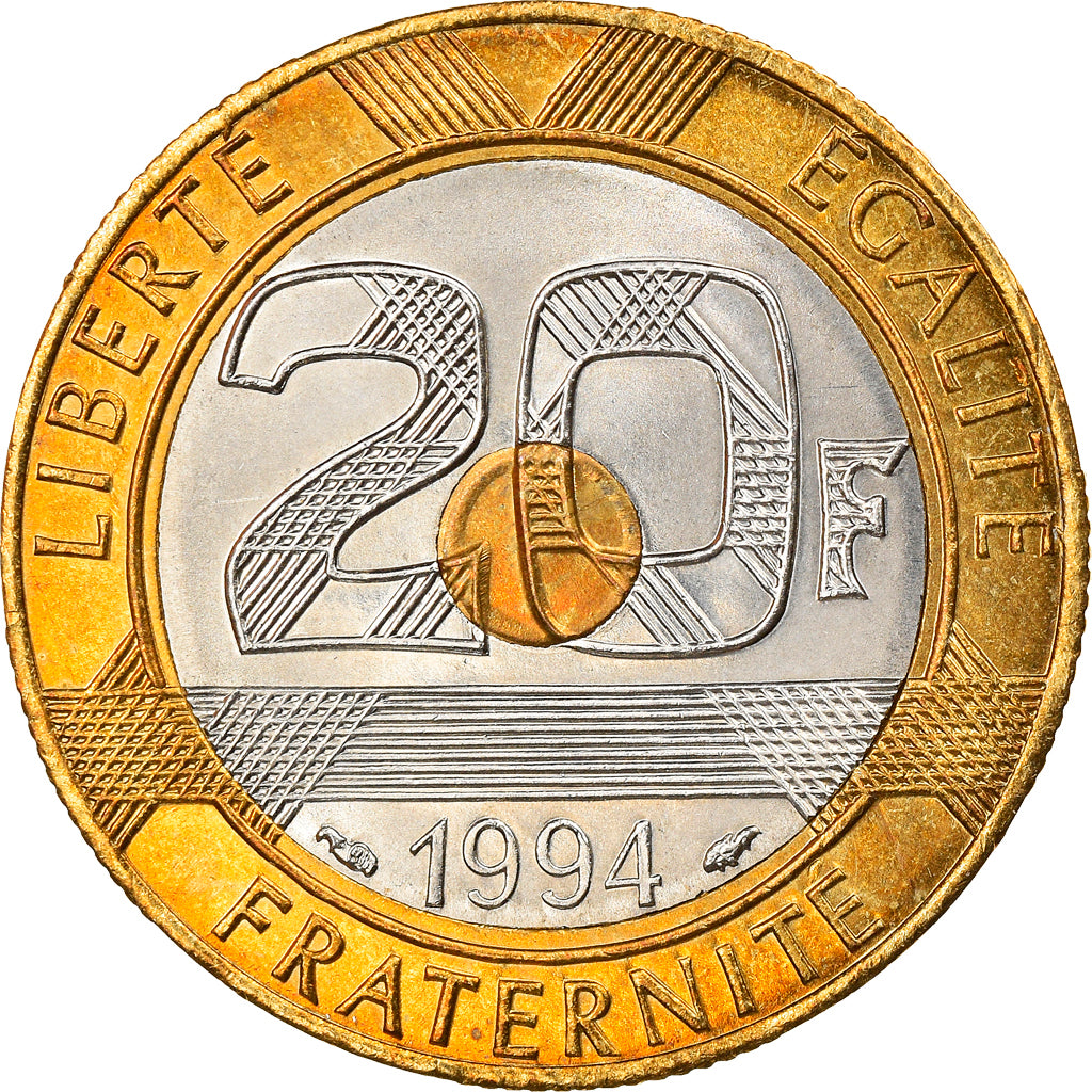 Coin, France, Mont Saint Michel, 20 Francs, 1994, AU(55-58), Tri-Metallic