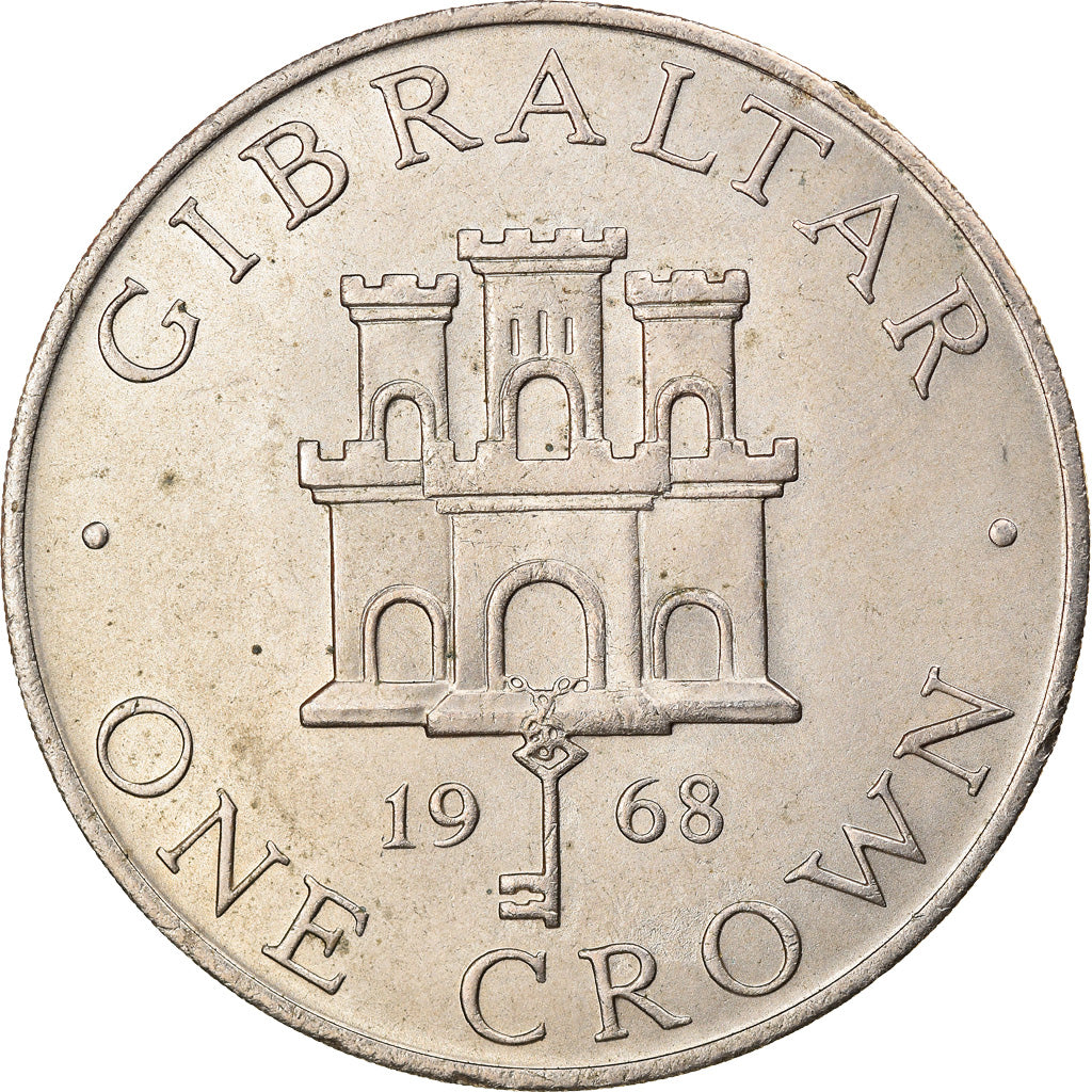 Moeda, Gibraltar, Elizabeth II, Crown, 1968, AU(55-58), Cobre-níquel, KM:4