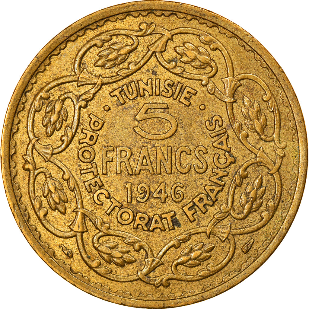 Coin, Tunisia, Muhammad al-Amin Bey, 5 Francs, 1365/1946, Paris, AU(50-53)