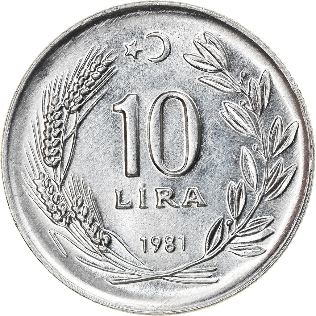 Coin, Turkey, 10 Lira, 1981, MS(65-70), Aluminum, KM:945