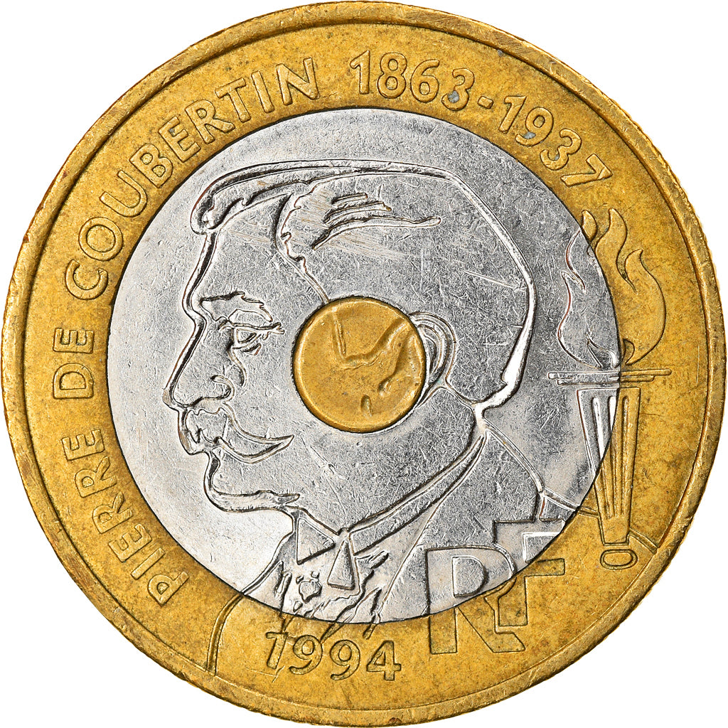 Moneta, Francia, Pierre de Coubertin, 20 Francs, 1994, BB+, Tri-metallico