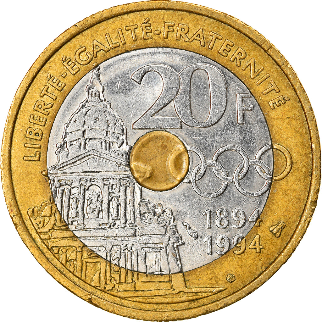 Moneta, Francia, Pierre de Coubertin, 20 Francs, 1994, BB+, Tri-metallico