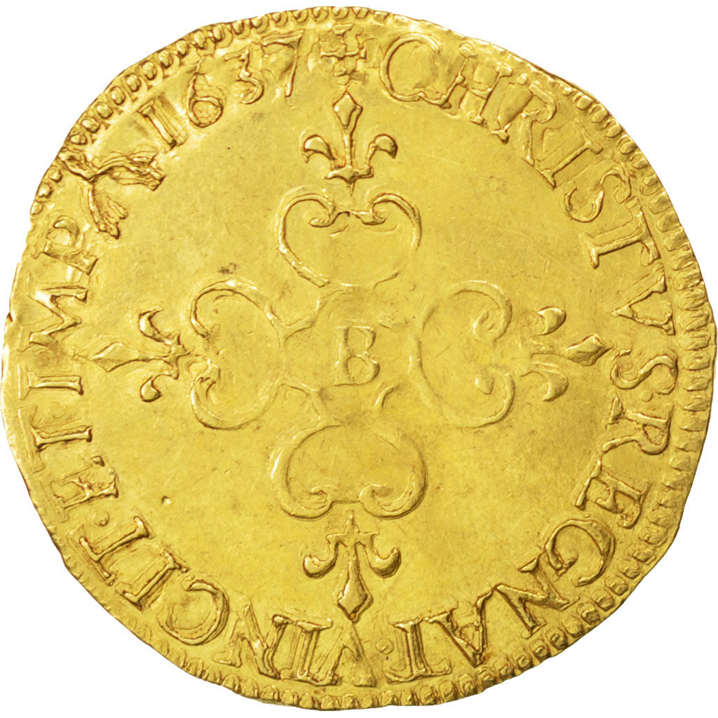 Monnaie, France, Louis XIII, Ecu d'or, 1637, Rouen, TTB+, Or, KM:51, Gadoury:55