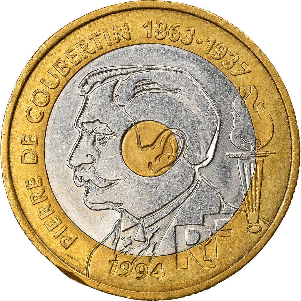 Moeda, França, Pierre de Coubertin, 20 Francs, 1994, AU(50-53), Trimetálico