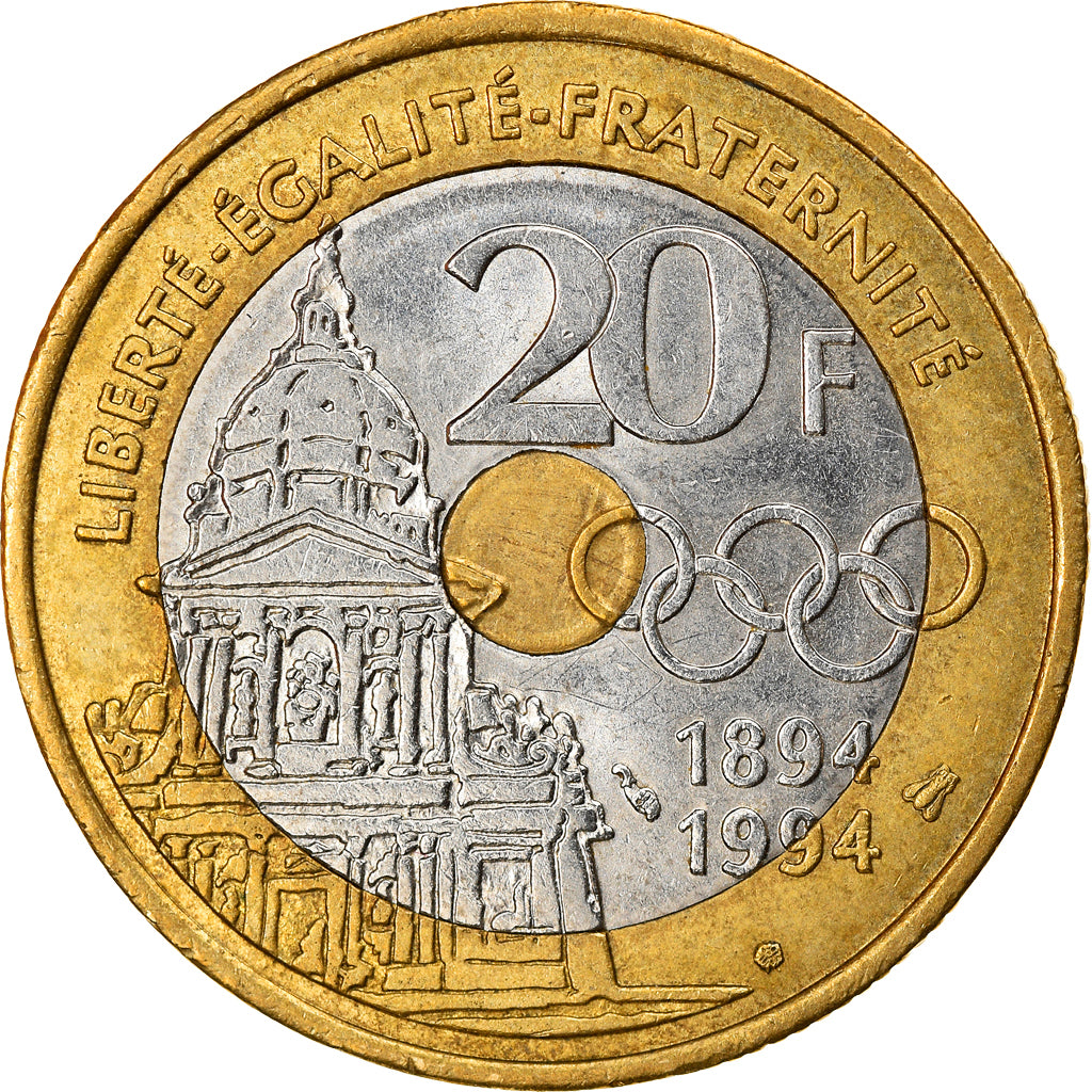 Moeda, França, Pierre de Coubertin, 20 Francs, 1994, AU(50-53), Trimetálico
