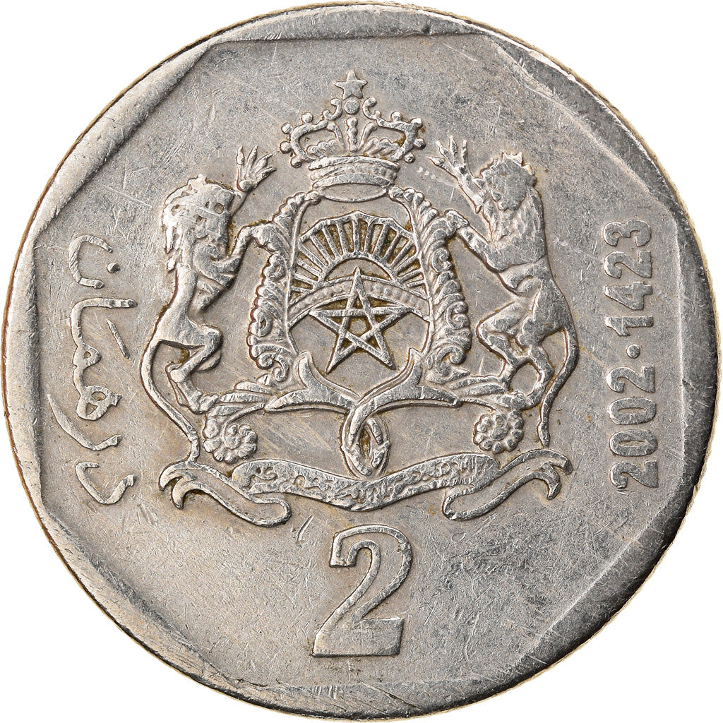 Coin, Morocco, Mohammed VI, 2 Dirhams, 2002/AH1423, EF(40-45), Copper-nickel