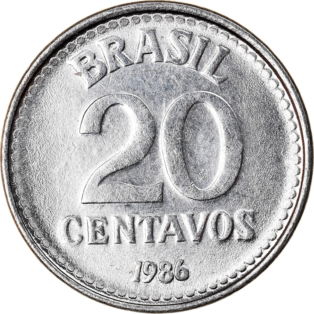 Moneda, Brasil, 20 Centavos, 1986, MBC+, Acero inoxidable, KM:603