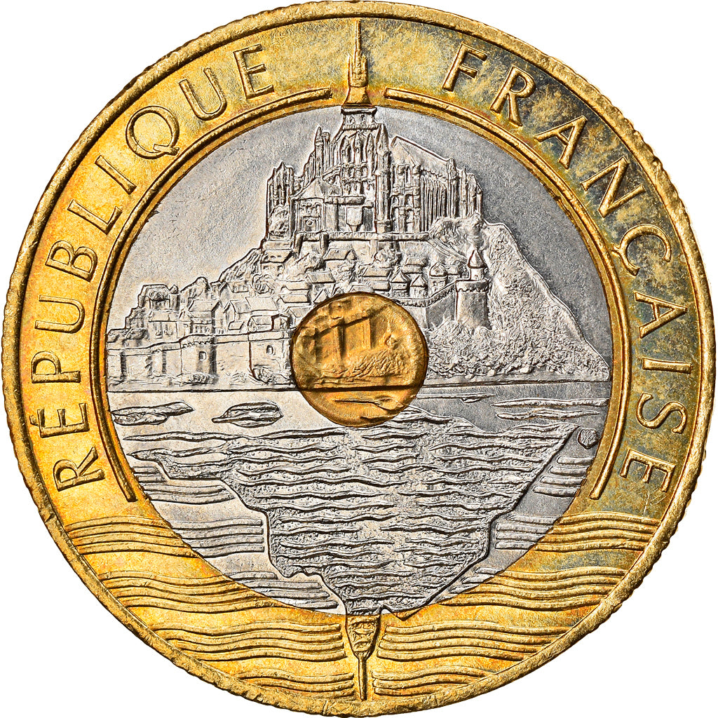 Coin, France, Mont Saint Michel, 20 Francs, 1992, AU(55-58), Tri-Metallic