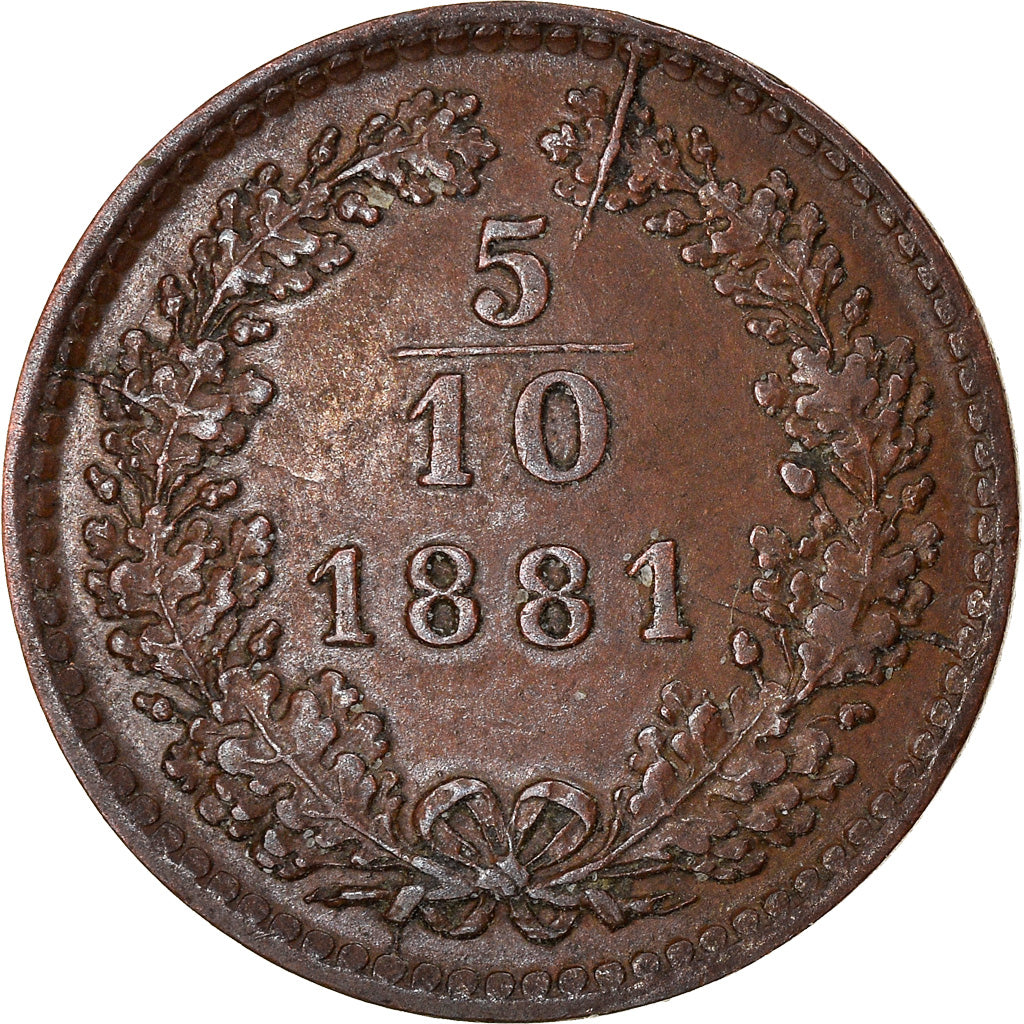 Moneta, Austria, Franz Joseph I, 5/10 Kreuzer, 1881, AU(50-53), Miedź, KM:2183